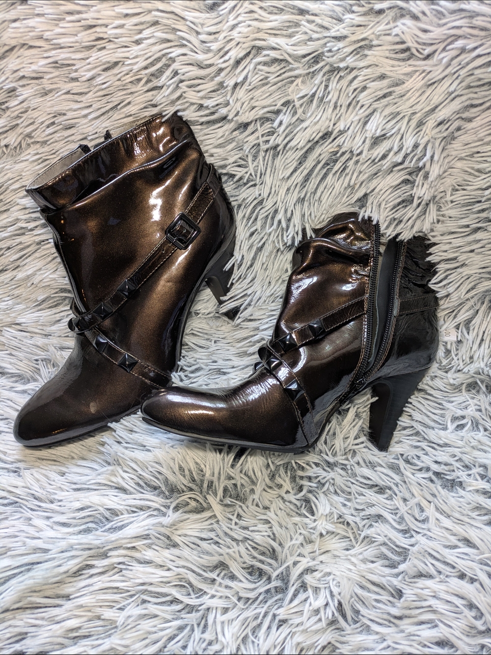 Staccato Metallic Brown Patent Ankle Booties with Buckle Detail